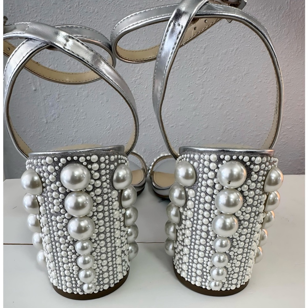 Betsey Johnson Silver Strappy Heels with Pearl Details - Picture 3 of 7